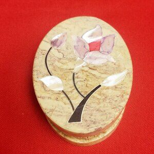 Vintage Oval Trinket Box Granite Reticulated Mother of Pearl Floral Inlay Made i